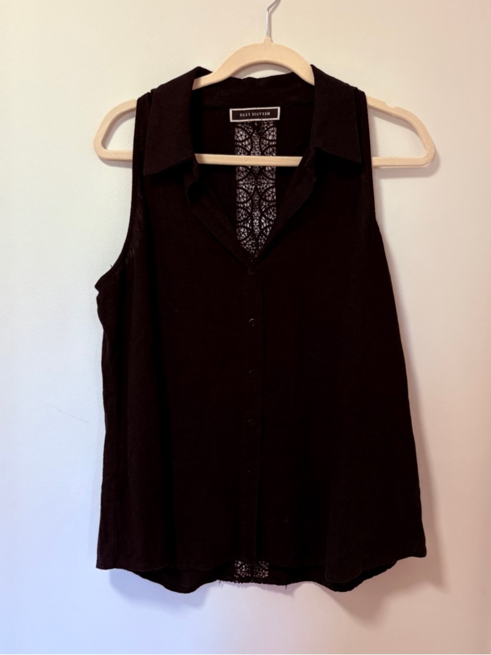 Linen Sleeveless Blouse Button Up Black Womens Size 6 Crochet Back Detail Boho